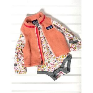 Patagonia Baby Girls Synchilla Fleece Vest and Floral Capilene Bodysuit Set 3-6M